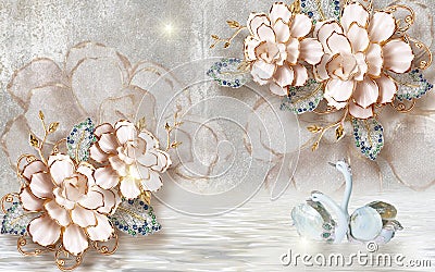 3d mural illustration background with flowers and the coloured swan decorative and Jewellery wallpaper. Stock Photo