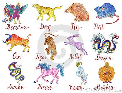 Design watercolor set with twelve chinese zodiac animals Cartoon Illustration