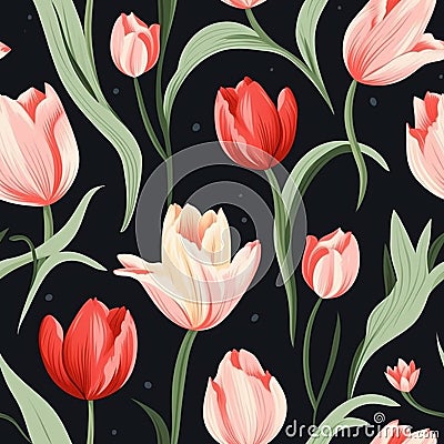 Design of watercolored seamless green tulip pattern with leaves Stock Photo