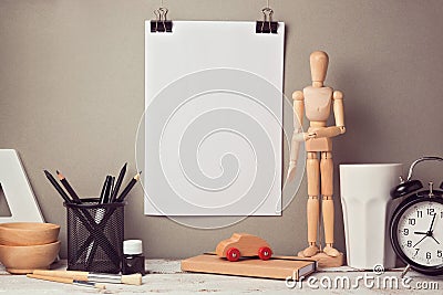 Designer artistic desk website header hero image with blank poster Stock Photo