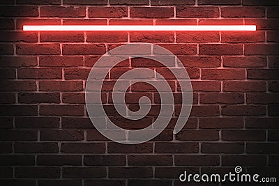 For designer background texture of empty red brick wall with red neon light lamp, 80s style glow Stock Photo