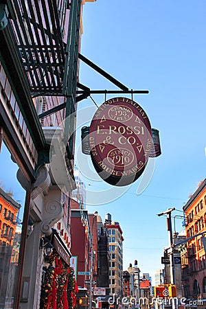 Soho old apartment buildings, and the E. Rossi & Co store on the foreground, New York City. Editorial Stock Photo