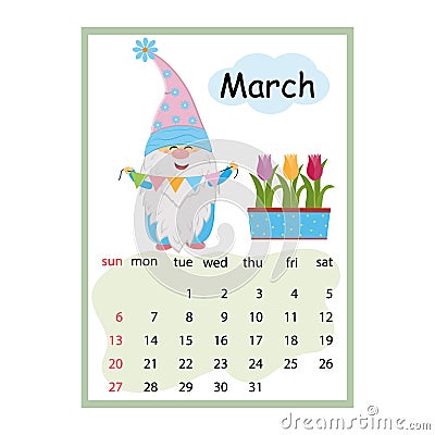 Designer calendar for the year 2022 March, cute dwarf character on the background of tulips holding a garland Vector Illustration