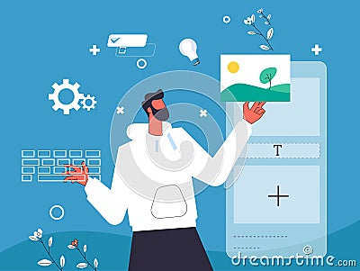 Designer creating mobile application illustration concept vector Cartoon Illustration