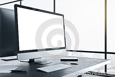 Designer desktop with blank white computer screen Editorial Stock Photo