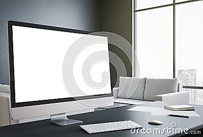 Designer desktop with blank white computer screen Editorial Stock Photo