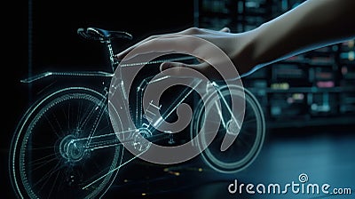 Designer develops new futuristic bike using computer hologram created with generative AI technology Cartoon Illustration