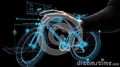 Designer develops new futuristic bike using computer hologram created with generative AI technology Cartoon Illustration
