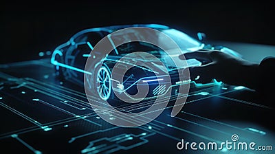 Designer develops new futuristic car using computer hologram created with generative AI technology Cartoon Illustration