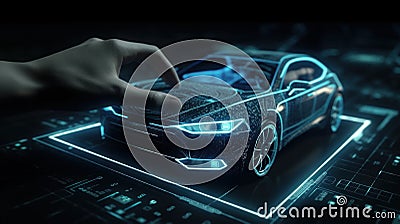 Designer develops new futuristic car using computer hologram created with generative AI technology Cartoon Illustration