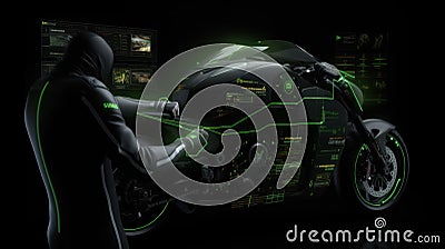 Designer develops new futuristic motorbike using computer hologram created with generative AI technology Cartoon Illustration
