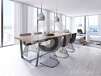 Designer dining table in the loft-style apartment with large hanging lamps, hardwood tabletop, creative chairs Stock Photo