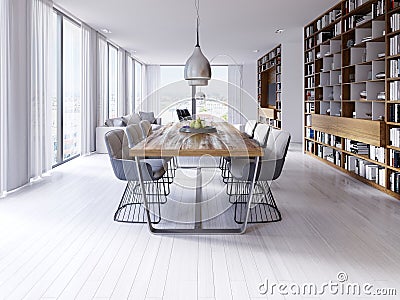 Designer dining table in the loft-style apartment with large hanging lamps, hardwood tabletop, creative chairs Stock Photo