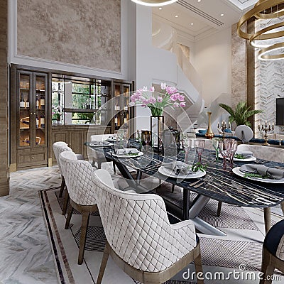 Designer dining table in a luxurious interior with high ceilings and a cupboard for crystal glassware and wine Stock Photo