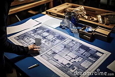 Designer engineer draft equipment model develop drawing technical industrial factory blueprint scheme paper Stock Photo