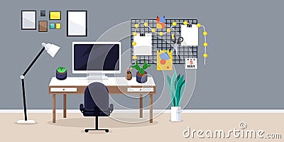 Designer or freelancer work place, vector flat illustration. Creative workplace with monitor on desk, moodboard, chair Vector Illustration