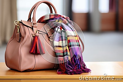 a designer handbag beside a hand-knit scarf Stock Photo