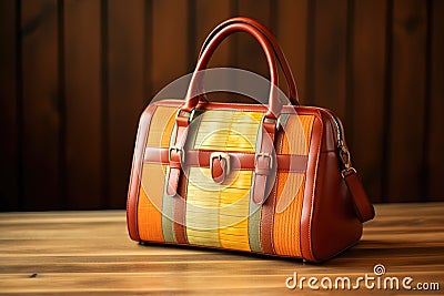 a designer handbag placed on a wooden table Stock Photo