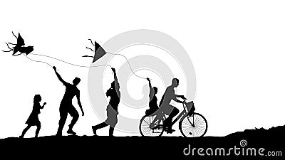 Designer illustration of kite flying festival with children flying kites in silhouette Cartoon Illustration