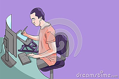 Designer making artwork on his workplace, using pen tablet and computer to create artwork, digital artist, draftsman, video editor Vector Illustration