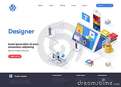 Designer occupation isometric landing page. Vector Illustration