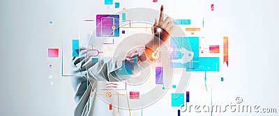 Designer shows futuristic design in clothing design, holograms, futuristic technology Imaginative design, Generative AI Stock Photo