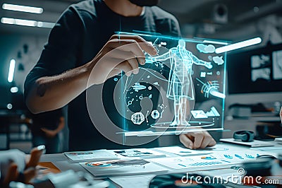 Designer shows futuristic design in clothing design, holograms, futuristic technology Imaginative design, Generative AI Stock Photo