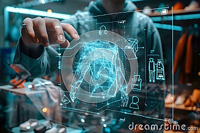 Designer shows futuristic design in clothing design, holograms, futuristic technology Imaginative design, Generative AI Stock Photo