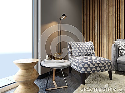 Designer soft armchair in loft style with two creative side tables with decor and floor lamp, patterned fabric Stock Photo