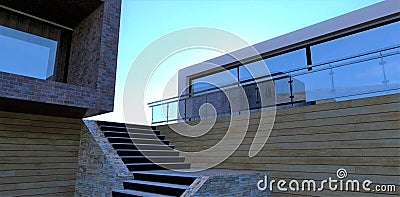 Designer staircase to the terrace of a duck house designed in a minimalist style. Finished with black marble riser. Facing old Cartoon Illustration