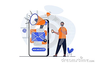Designer studio web concept with character scene. Man creating and releasing product, making email promotion. People situation in Vector Illustration