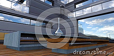 Designer stylish furniture made of wood and concrete on the wooden surface of a cozy patio near an advanced futuristic house. Cartoon Illustration