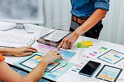 A Designer team and website designers are collaborating to develop a website using the ux ui system to match with the smartphone Stock Photo