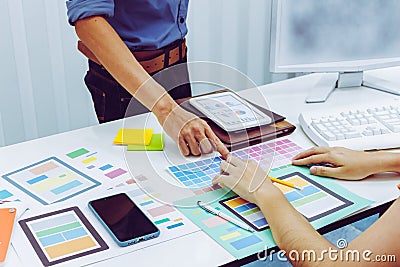 A Designer team and website designers are collaborating to develop a website using the ux ui system to match with the smartphone Stock Photo