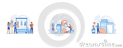 Designer team working on new clothes collection and piece of cloth on mannequin, Tiny people, healthy sportsman with organic food Vector Illustration