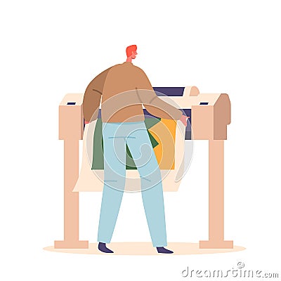 Designer Using Widescreen Offset Printing Machine, Man Print Banner on Multifunction Laser Printer. Creative Process Vector Illustration
