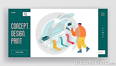 Designer Using Widescreen Offset Printing Machine Website Landing Page. Man Print Banner on Multifunction Laser Printer Vector Illustration
