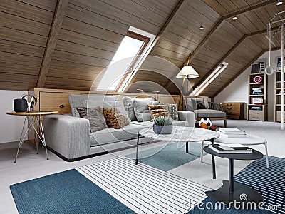 Designer white sofa, armchair and coffee table with interior decor in the attic childrens room Stock Photo