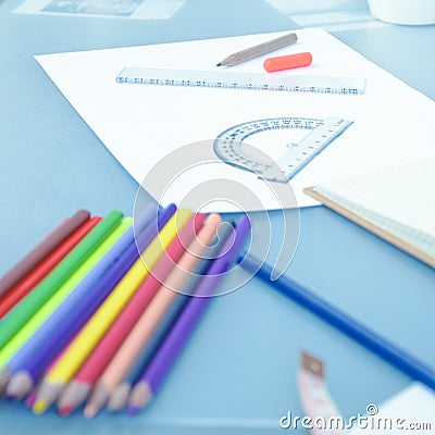 Designer working place, pencils on the desk Stock Photo