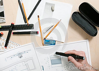 Designer workplace. Engineer projects furniture Stock Photo