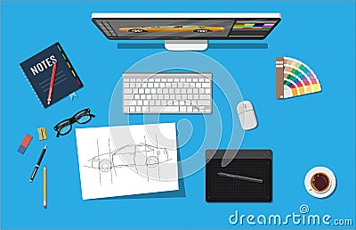 Designer workplace. Illustrator desktop with tools Vector Illustration
