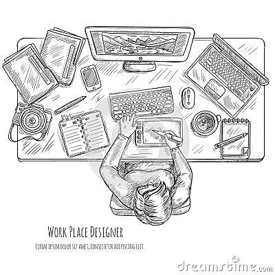 Designer Workplace Sketch Vector Illustration