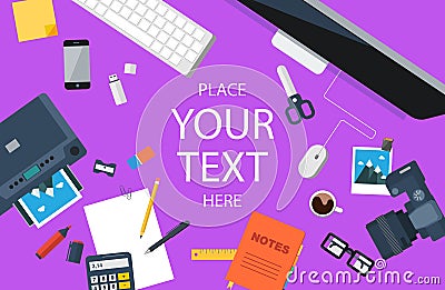 Designer workplace. Top view. Flat design. Purple background. Vector Illustration