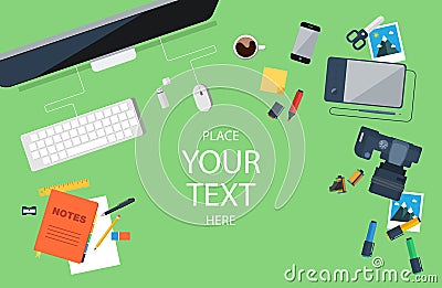 Designer workplace. Top view. Flat design. Vector Illustration