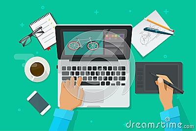 Designer workplace vector illustration top view, person drawing on pen tablet on laptop computer, graphic designer Vector Illustration