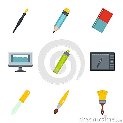 Designer workspace icons set, flat style Vector Illustration