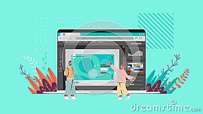 Designers couple working with graphic editor on laptop screen creative content configuration design concept Vector Illustration