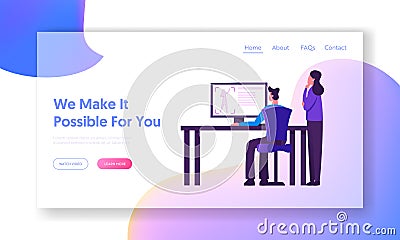 Designers Testing 3d Printer in Science Laboratory Website Landing Page. Developers Looking on Pc Screen Vector Illustration