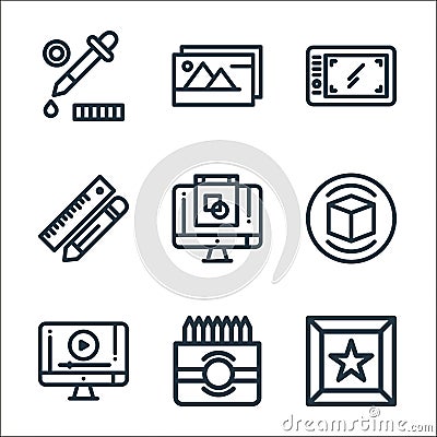 designing line icons. linear set. quality vector line set such as star, color, led, box, led, pencil, tablet, image gallery Vector Illustration