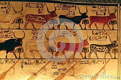 The designs in Queen Nefertari tomb in Queens valley in Luxor Editorial Stock Photo